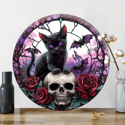 Witchy Black Cat Skull Metal Sign for Gothic Christmas Home Decor-MoonChildWorld