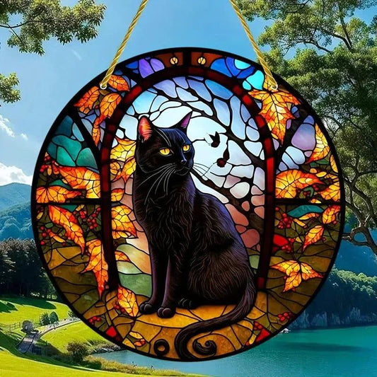 Witchy Black Cat Suncatcher Halloween Gothic Acrylic Round Sign-MoonChildWorld