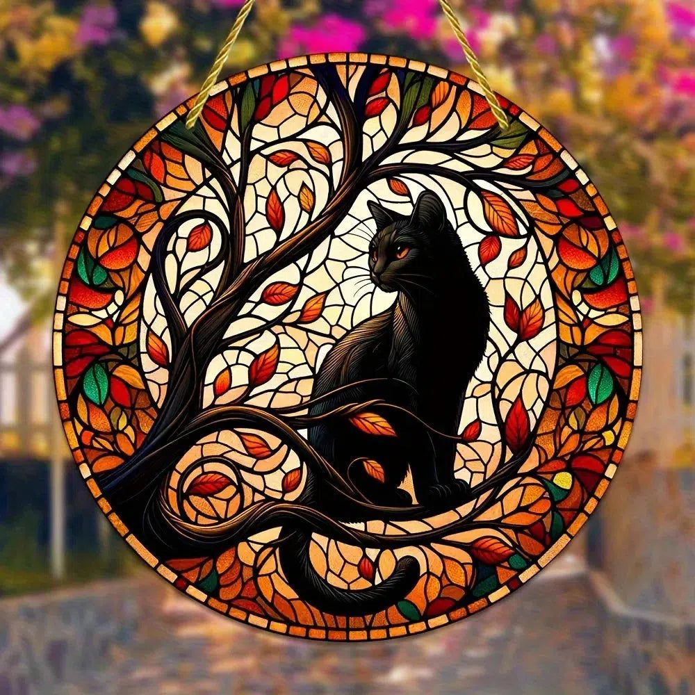 Witchy Black Cat Suncatcher Halloween Gothic Acrylic Round Sign-MoonChildWorld