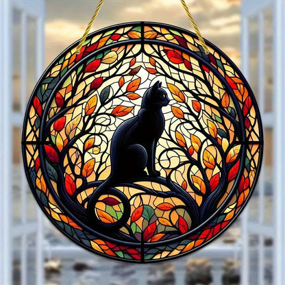 Witchy Black Cat Suncatcher Halloween Gothic Acrylic Round Sign-MoonChildWorld