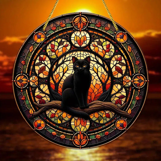 Witchy Black Cat Suncatcher Halloween Gothic Acrylic Round Sign-MoonChildWorld