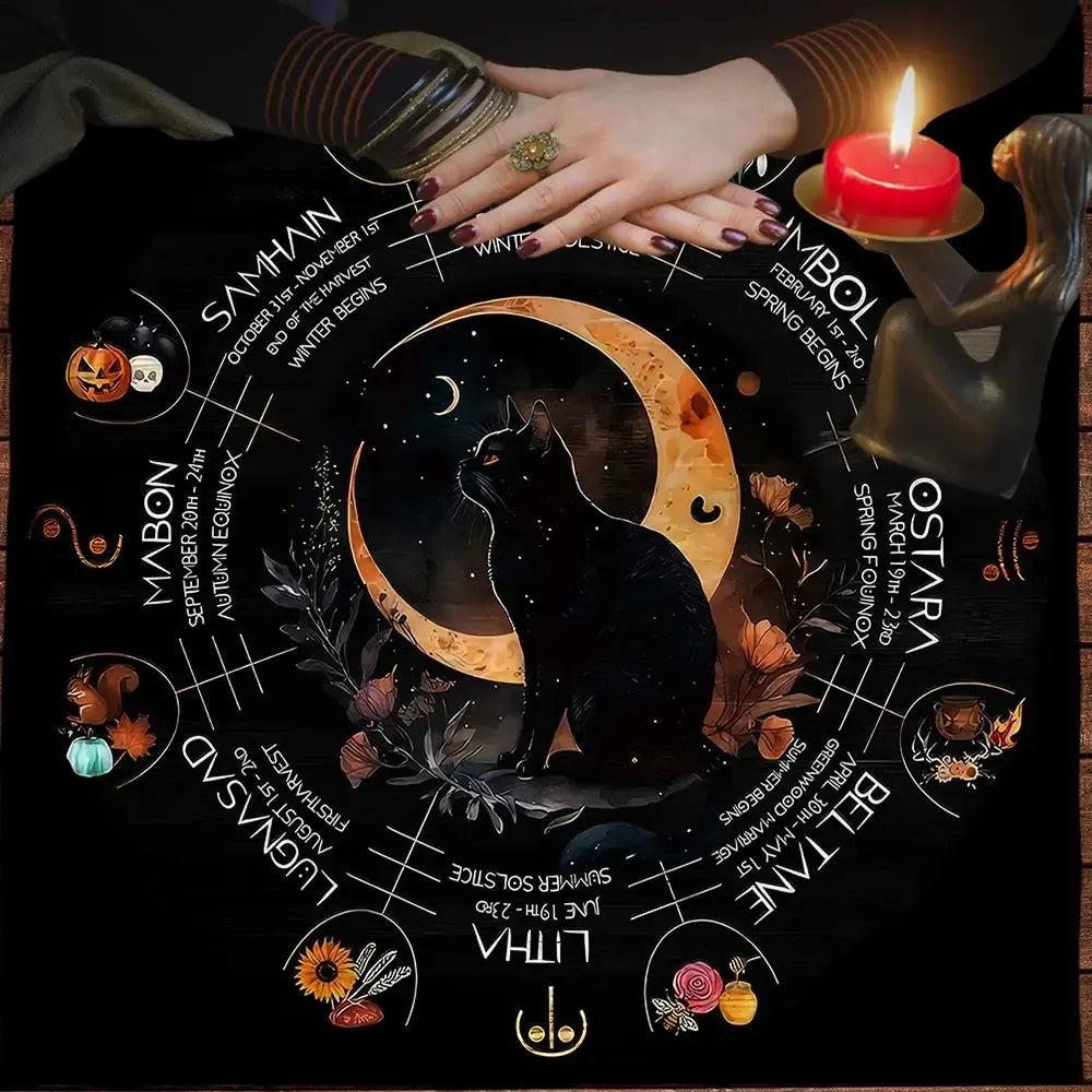 Witchy Black Cat Tarot Card Tablecloth Wheel of year Pagan Altar Cloth-MoonChildWorld