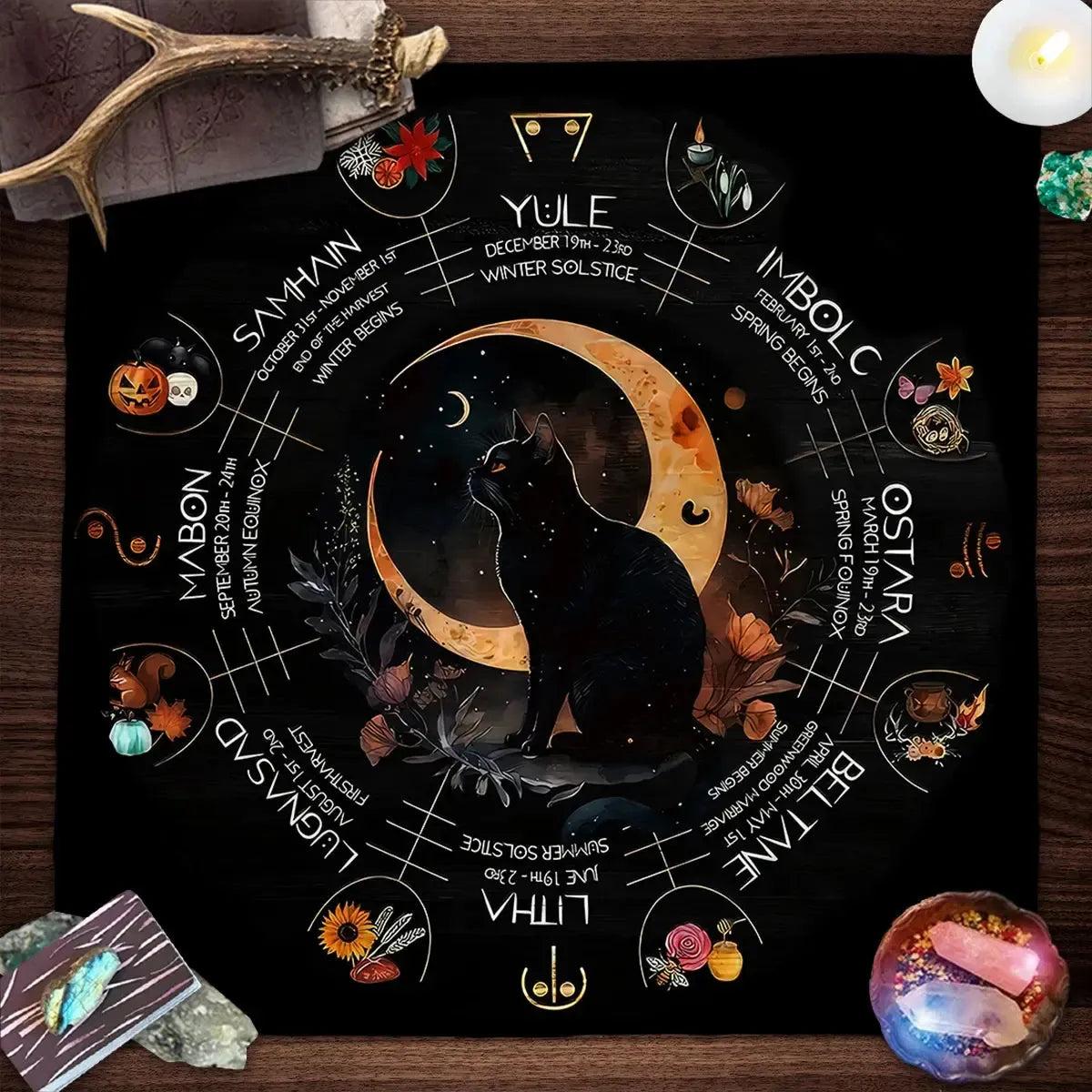 Witchy Black Cat Tarot Card Tablecloth Wheel of year Pagan Altar Cloth-MoonChildWorld