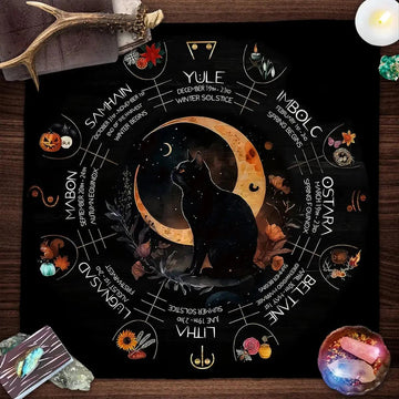 Witchy Black Cat Tarot Card Tablecloth Wheel of year Pagan Altar Cloth-MoonChildWorld
