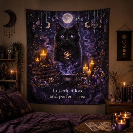 Witchy Black Cat Triple Moon Tapestry – Gothic Wiccan Witchcraft Wall Hanging_mockup_1.webp