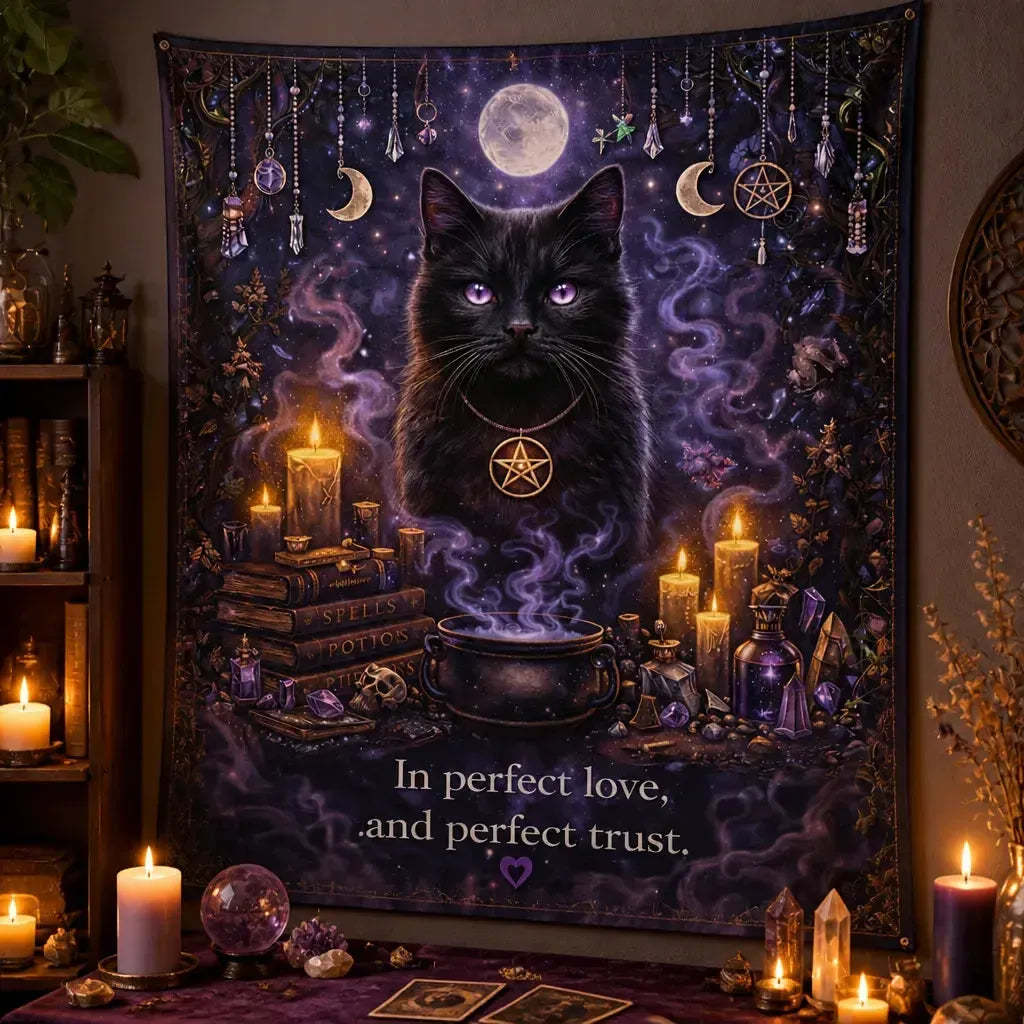 Witchy Black Cat Triple Moon Tapestry – Gothic Wiccan Witchcraft Wall Hanging_mockup_3.webp
