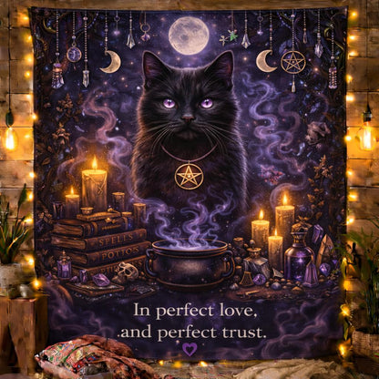 Black cat with purple eyes and pentagram necklace on a dark triple moon tapestry with candles and potions.