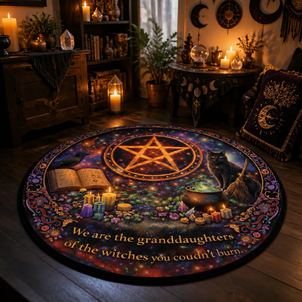 Witchy Black Cat and Gothic Raven Round Rug - Witchcraft Pentacle Carpet Wicca Home Decor_mockup_1.webp