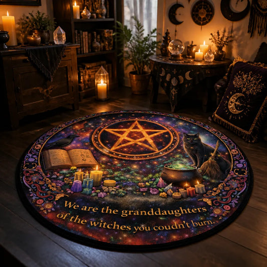 Witchy Black Cat and Gothic Raven Round Rug - Witchcraft Pentacle Carpet Wicca Home Decor_mockup_1.webp