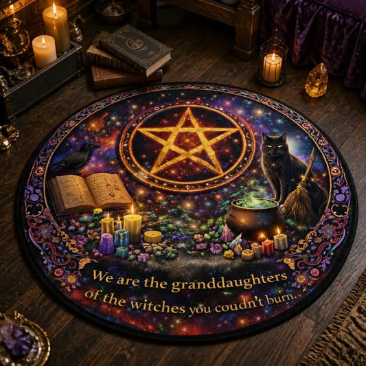Witchy Black Cat and Gothic Raven Round Rug - Witchcraft Pentacle Carpet Wicca Home Decor_mockup_3.webp