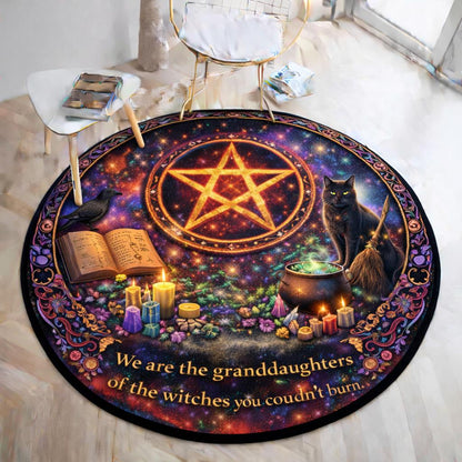 Witchy black cat & raven round rug with glowing pentacle, cauldron, candles, and "granddaughters of witches" text.