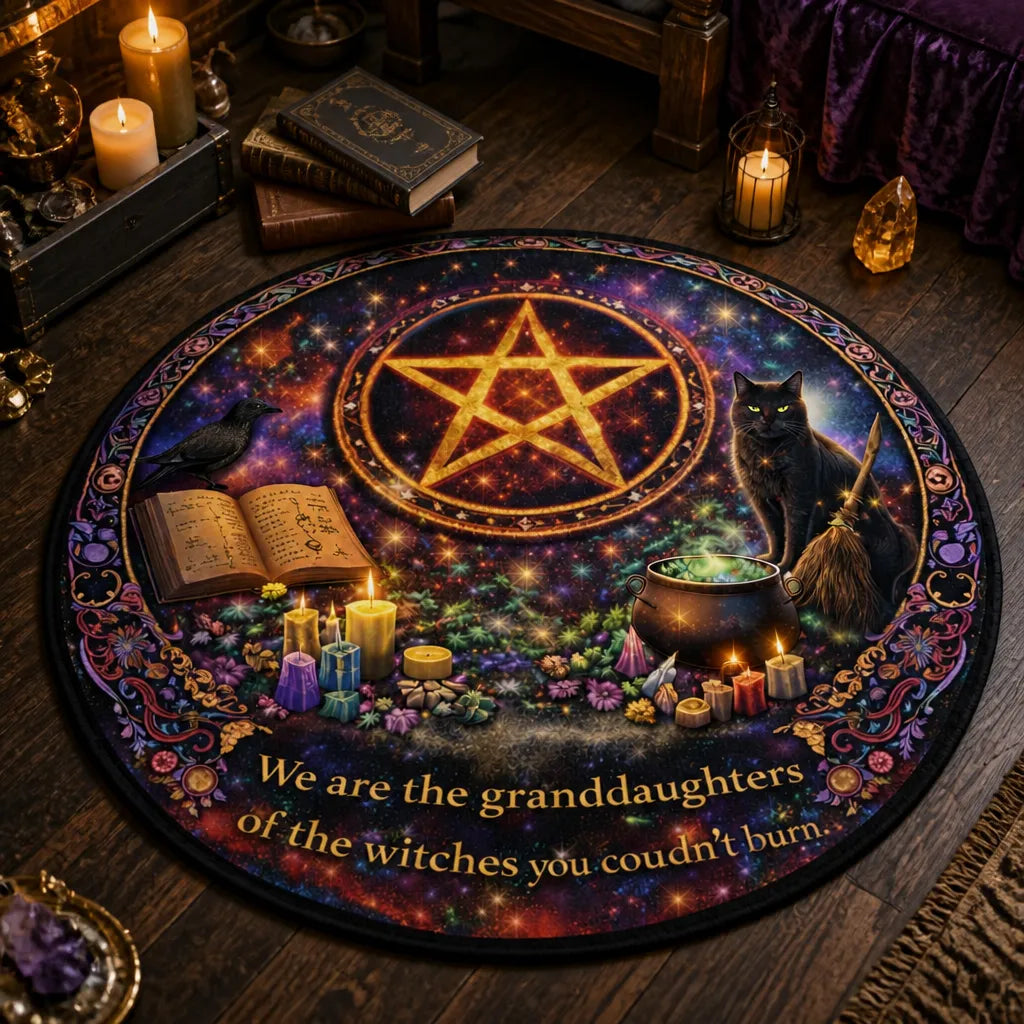 Witchy Black Cat and Gothic Raven Round Rug - Witchcraft Pentacle Carpet Wicca Home Decor_mockup_3.webp