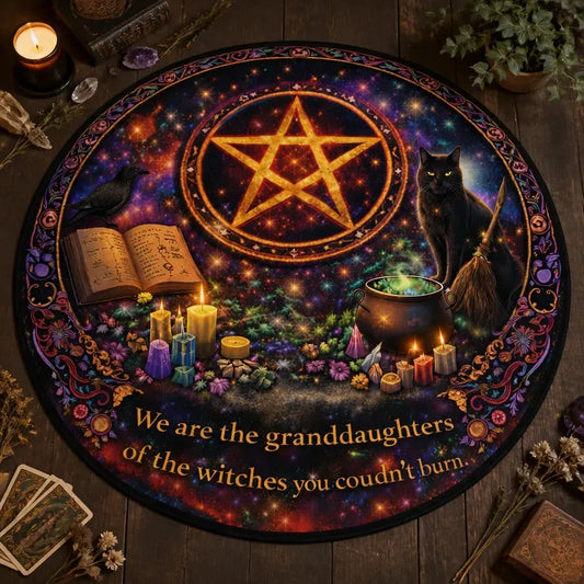 Witchy Black Cat and Gothic Raven Round Rug - Witchcraft Pentacle Carpet Wicca Home Decor_mockup_2.webp