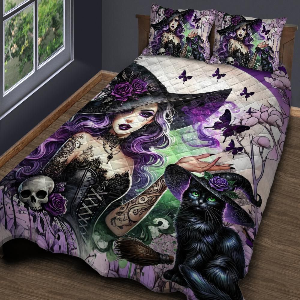 Witchy Black Cat and Gothic Witch Quilt Bedding Set-MoonChildWorld
