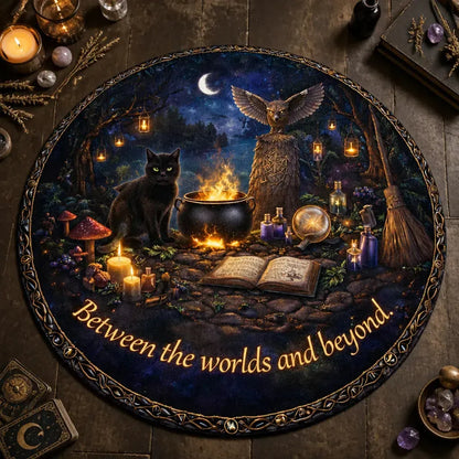 Witchy Black Cat and Owl Gothic Round Rug Halloween Carpet Wiccan Home Decor_mockup_2.webp