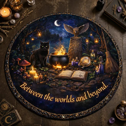Witchy Black Cat and Owl Gothic Round Rug Halloween Carpet Wiccan Home Decor_mockup_2.webp