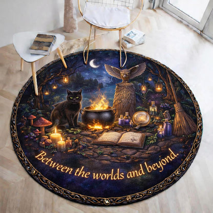Witchy black cat and owl gothic round rug with cauldron, moon, and "Between the worlds and beyond" text.