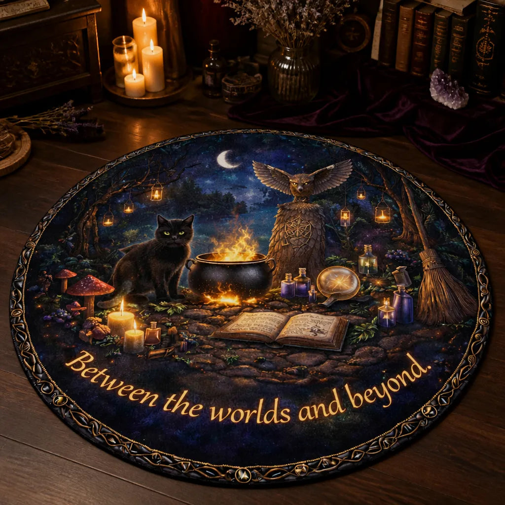 Witchy Black Cat and Owl Gothic Round Rug Halloween Carpet Wiccan Home Decor_mockup_3.webp