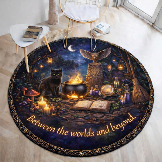 Witchy Black Cat and Owl Gothic Round Rug Halloween Carpet Wiccan Home Decor-MoonChildWorld