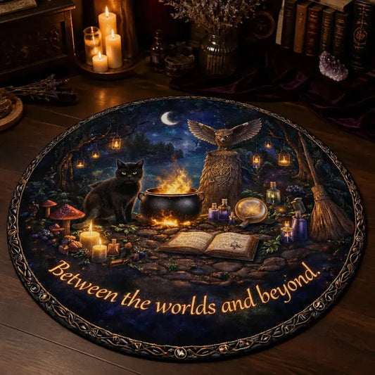 Witchy Black Cat and Owl Gothic Round Rug Halloween Carpet Wiccan Home Decor_mockup_3.webp