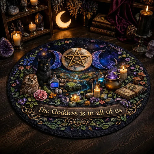 Witchy Black Cat and Owl Round Rug Wicca Triple Moon Carpet Witch Home Decor_mockup_3.webp