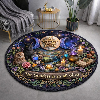 Witchy black round rug with Triple Moon, Pentacle, black cat, owl, candles, and "The Goddess is in all of us" text.