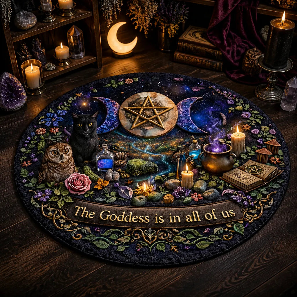 Witchy Black Cat and Owl Round Rug Wicca Triple Moon Carpet Witch Home Decor_mockup_3.webp