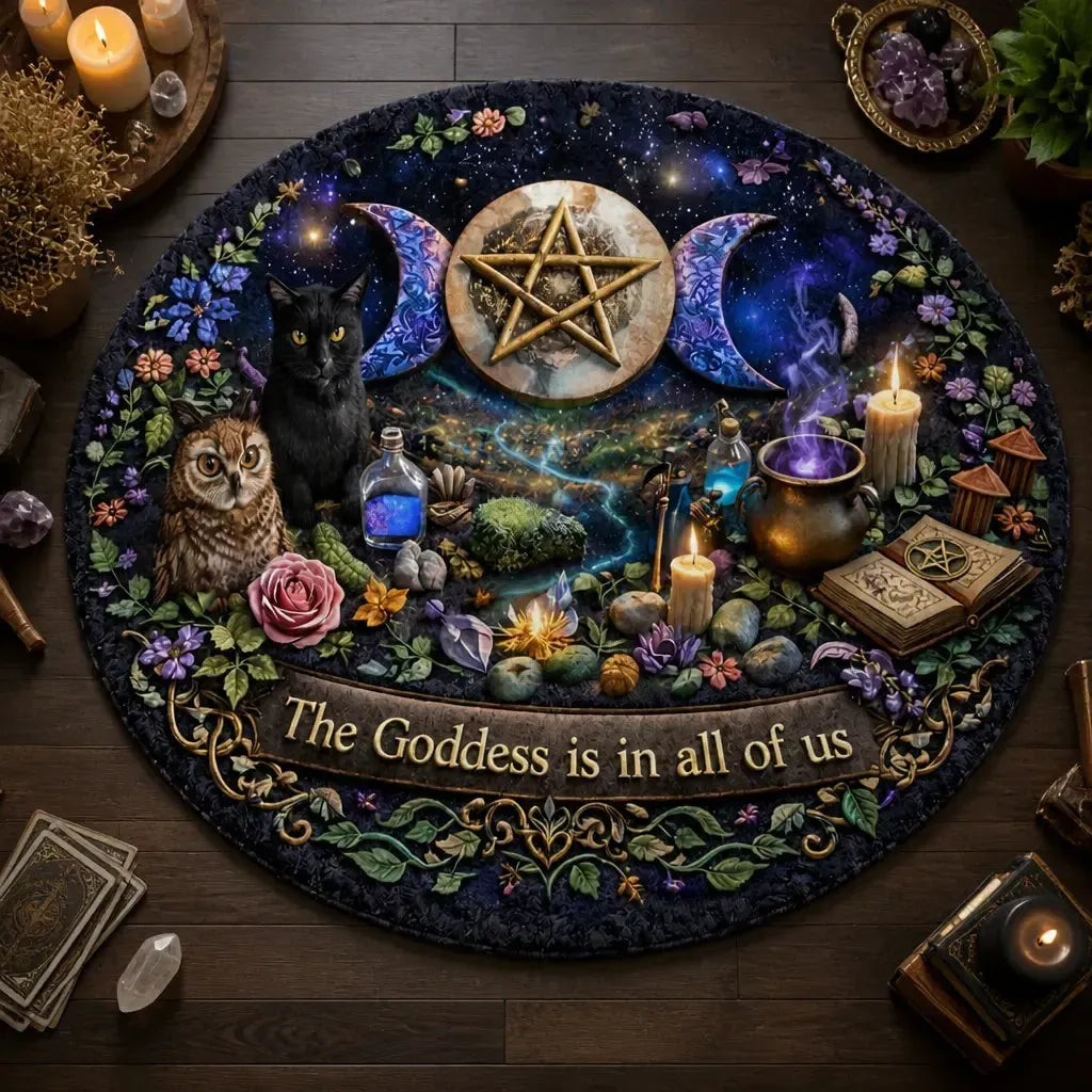 Witchy Black Cat and Owl Round Rug Wicca Triple Moon Carpet Witch Home Decor_mockup_2.webp