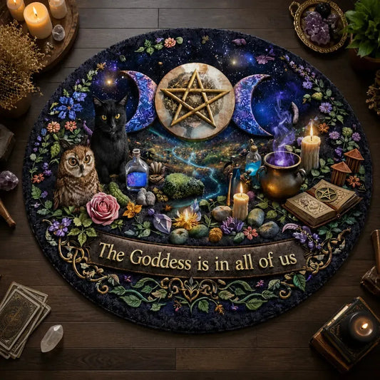 Witchy Black Cat and Owl Round Rug Wicca Triple Moon Carpet Witch Home Decor_mockup_2.webp