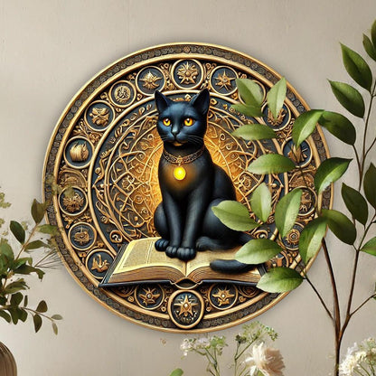 Witchy Black Cat on Book of Shadows Wicca Metal Sign-MoonChildWorld