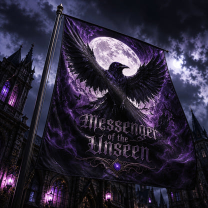 Witchy Black Raven house flag mockup hanging outdoors as pagan gothic decor