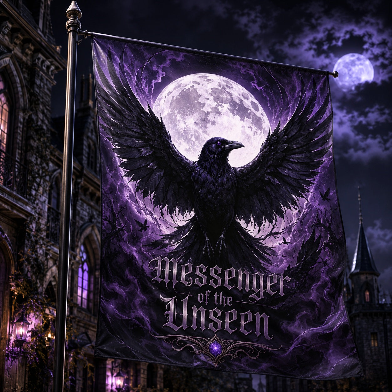 Witchy Black Raven house flag with Messenger of the Unseen full moon design