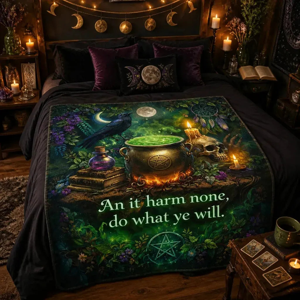 Witchy Blanket with Mystical Cauldron, Gothic Skull, Raven for Wiccan Home Decor_mockup_1.webp