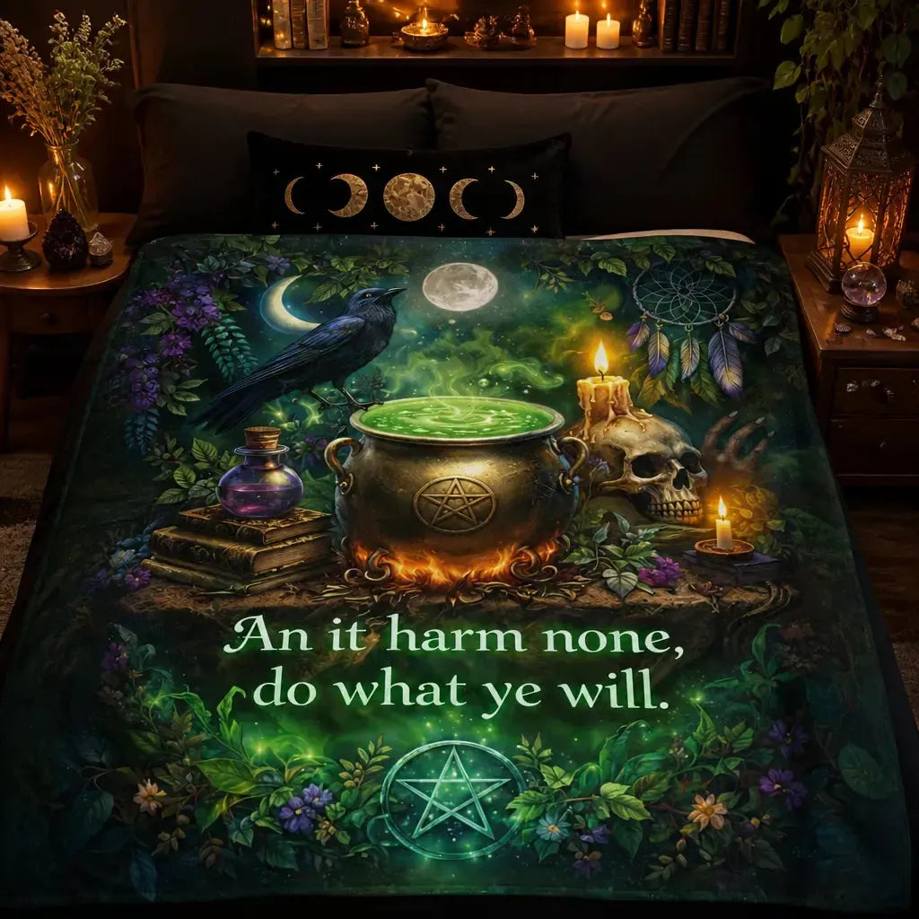 Witchy Blanket with Mystical Cauldron, Gothic Skull, Raven for Wiccan Home Decor_mockup_2.webp