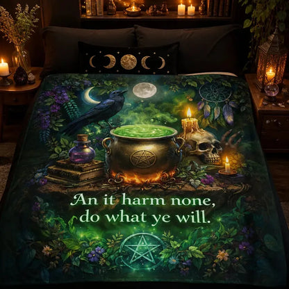 Witchy Blanket with Mystical Cauldron, Gothic Skull, Raven for Wiccan Home Decor_mockup_2.webp