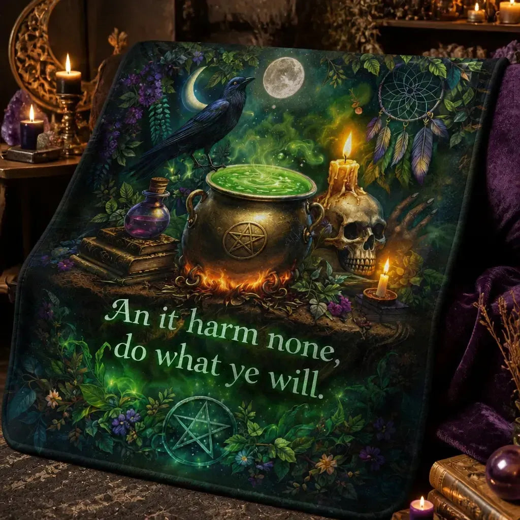 Witchy Blanket with Mystical Cauldron, Gothic Skull, Raven for Wiccan Home Decor_mockup_3.webp