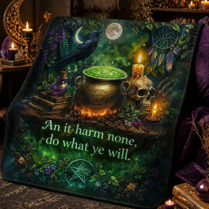 Witchy Blanket with Mystical Cauldron, Gothic Skull, Raven for Wiccan Home Decor_mockup_3.webp