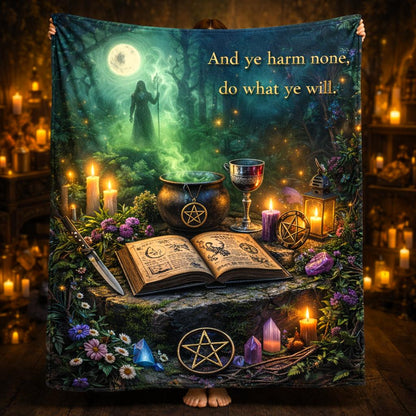 Witchy fleece blanket with mystical symbols, a witch, cauldron, spellbook, and "And ye harm none, do what ye will.
