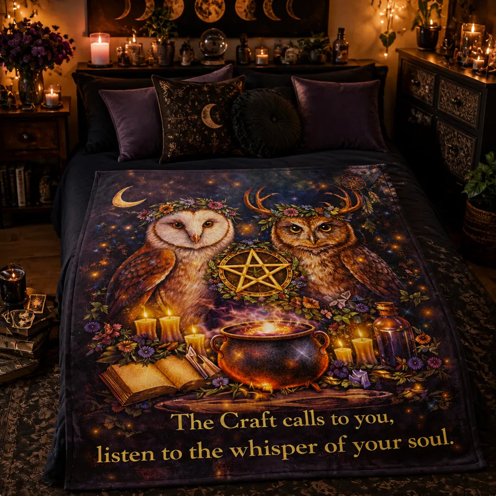 Witchy Blanket with Owls and Wicca pentacle Pagan Home Decor_mockup_1.webp