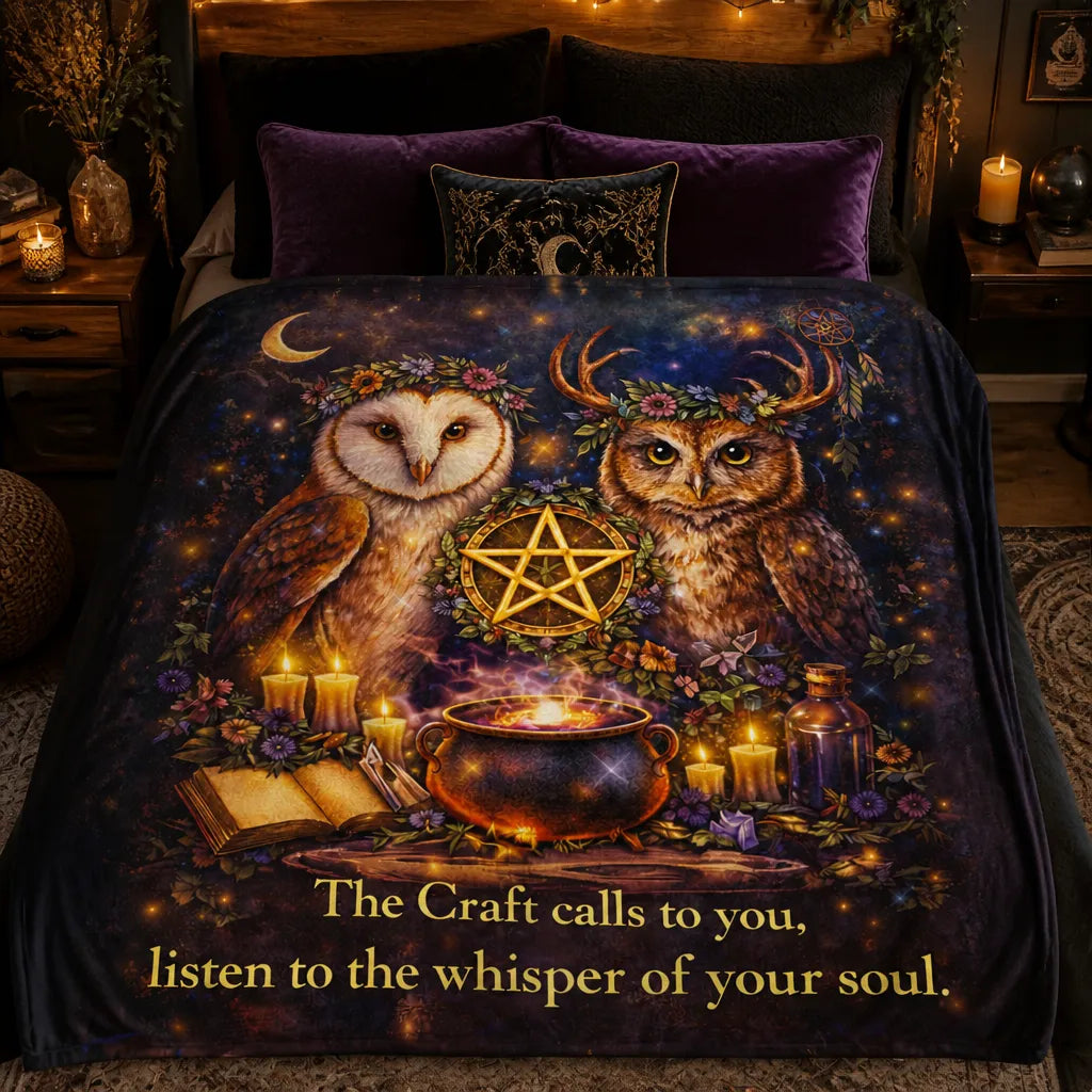 Witchy Blanket with Owls and Wicca pentacle Pagan Home Decor_mockup_2.webp