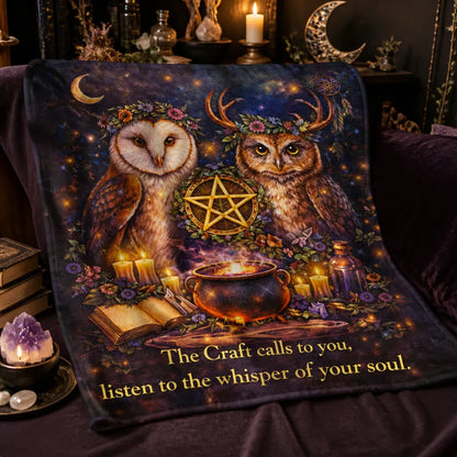 Witchy Blanket with Owls and Wicca pentacle Pagan Home Decor_mockup_3.webp