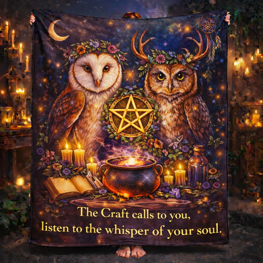 Witchy Blanket with Owls and Wicca pentacle Pagan Home Decor-MoonChildWorld