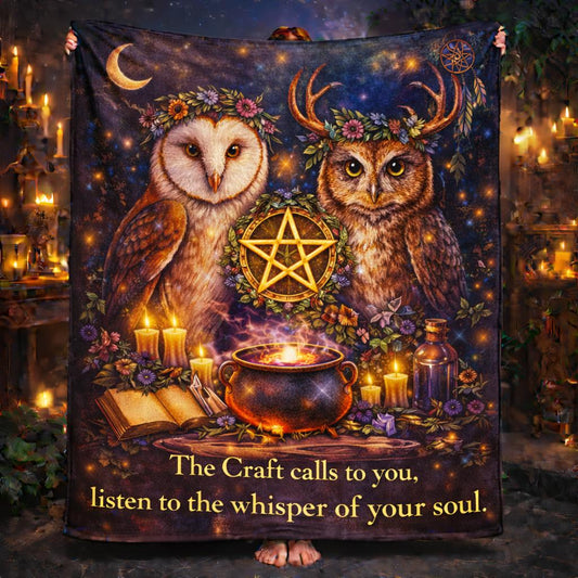 Witchy fleece blanket with two owls, a golden pentacle, cauldron, candles, and "The Craft calls to you" text.