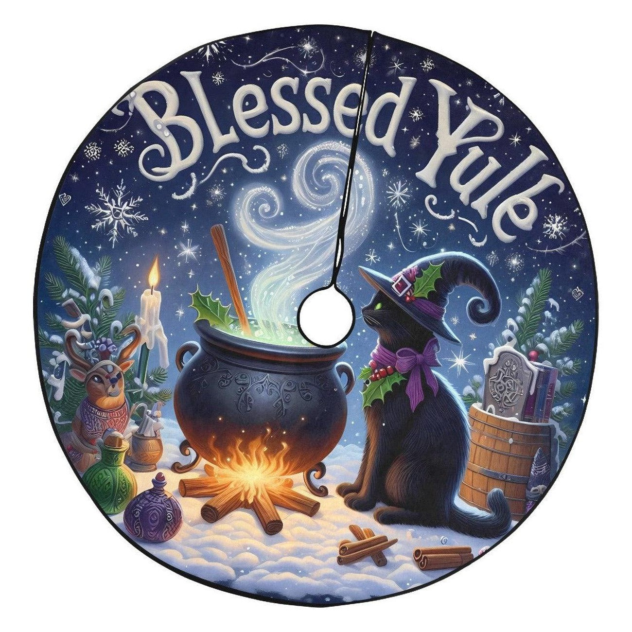 Witchy Cat Christmas Tree Skirt Black Cat Gothic Christmas Tree Skirt-MoonChildWorld