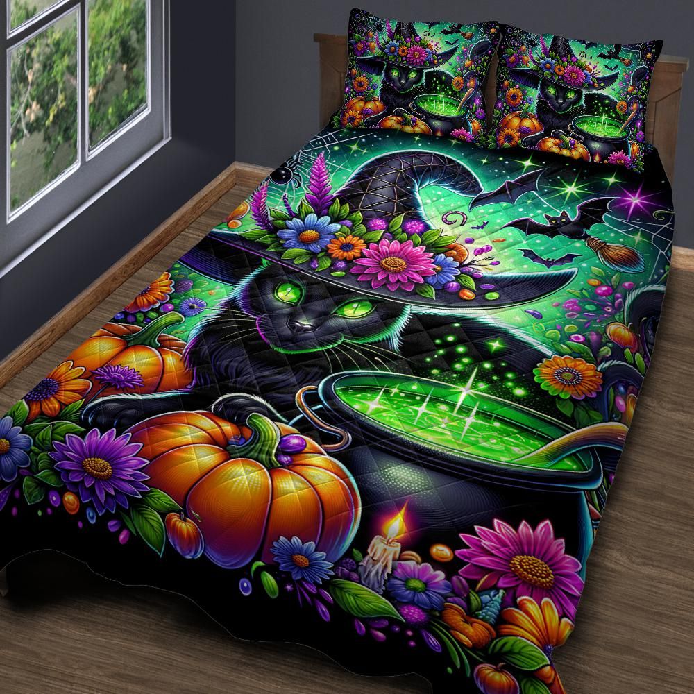 Witchy Cauldron Black Cat Halloween Quilt Bedding Set-MoonChildWorld