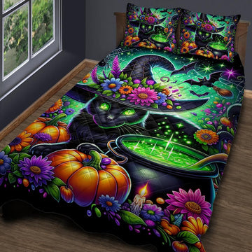 Witchy Cauldron Black Cat Halloween Quilt Bedding Set-MoonChildWorld