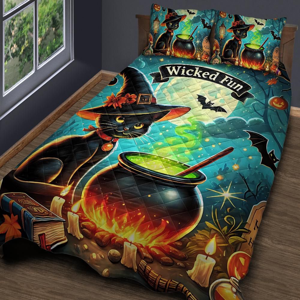 Witchy Cauldron Black Cat Quilt Bedding Set for Halloween-MoonChildWorld