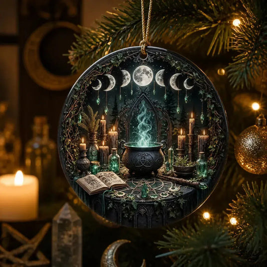 Witchy Cauldron Moon Phases Ceramic Ornament – Gothic Christmas Ornament Wiccan Spiritual Decor_mockup_1.webp
