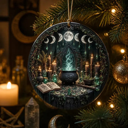 Witchy Cauldron Moon Phases Ceramic Ornament – Gothic Christmas Ornament Wiccan Spiritual Decor_mockup_1.webp