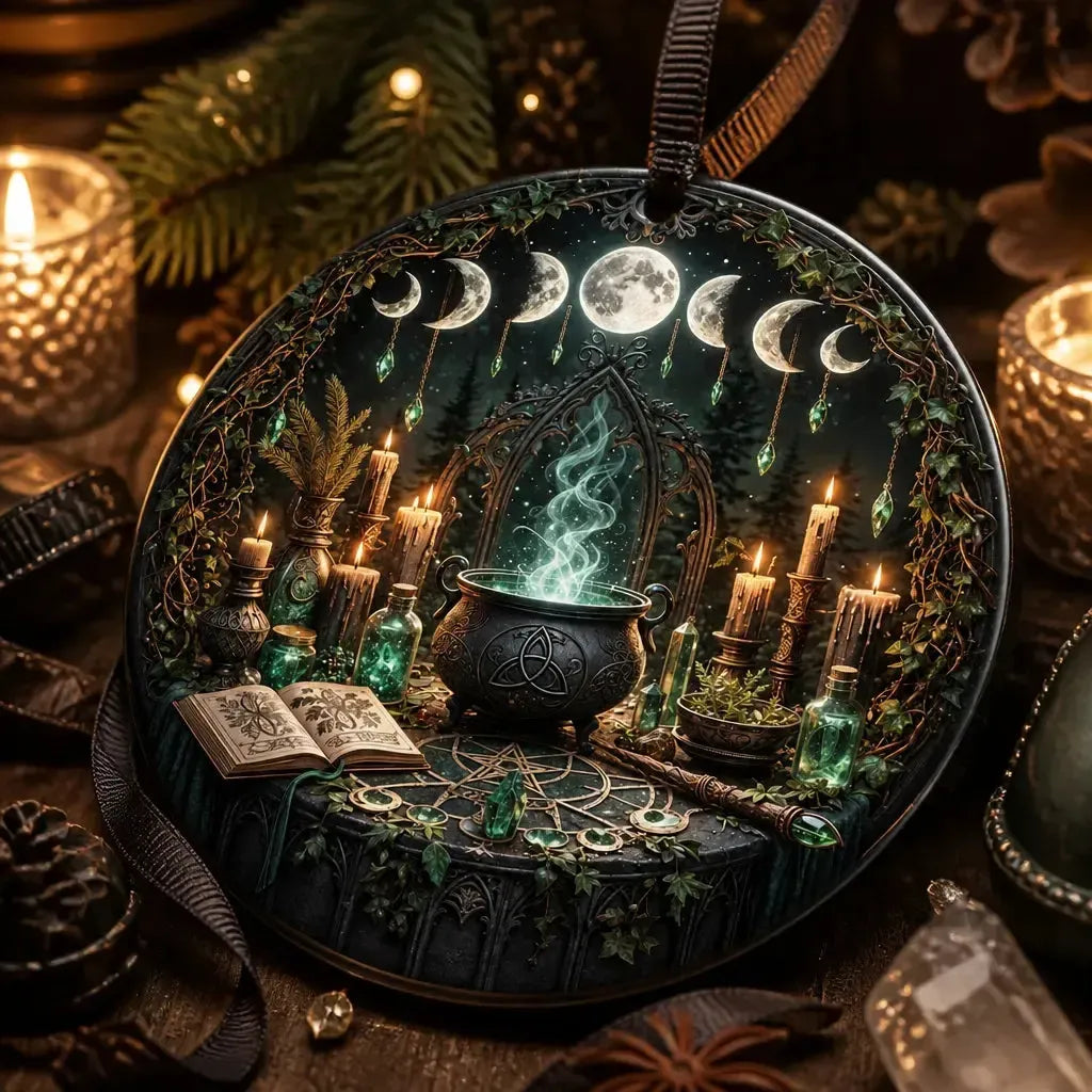 Witchy Cauldron Moon Phases Ceramic Ornament – Gothic Christmas Ornament Wiccan Spiritual Decor_mockup_2.webp